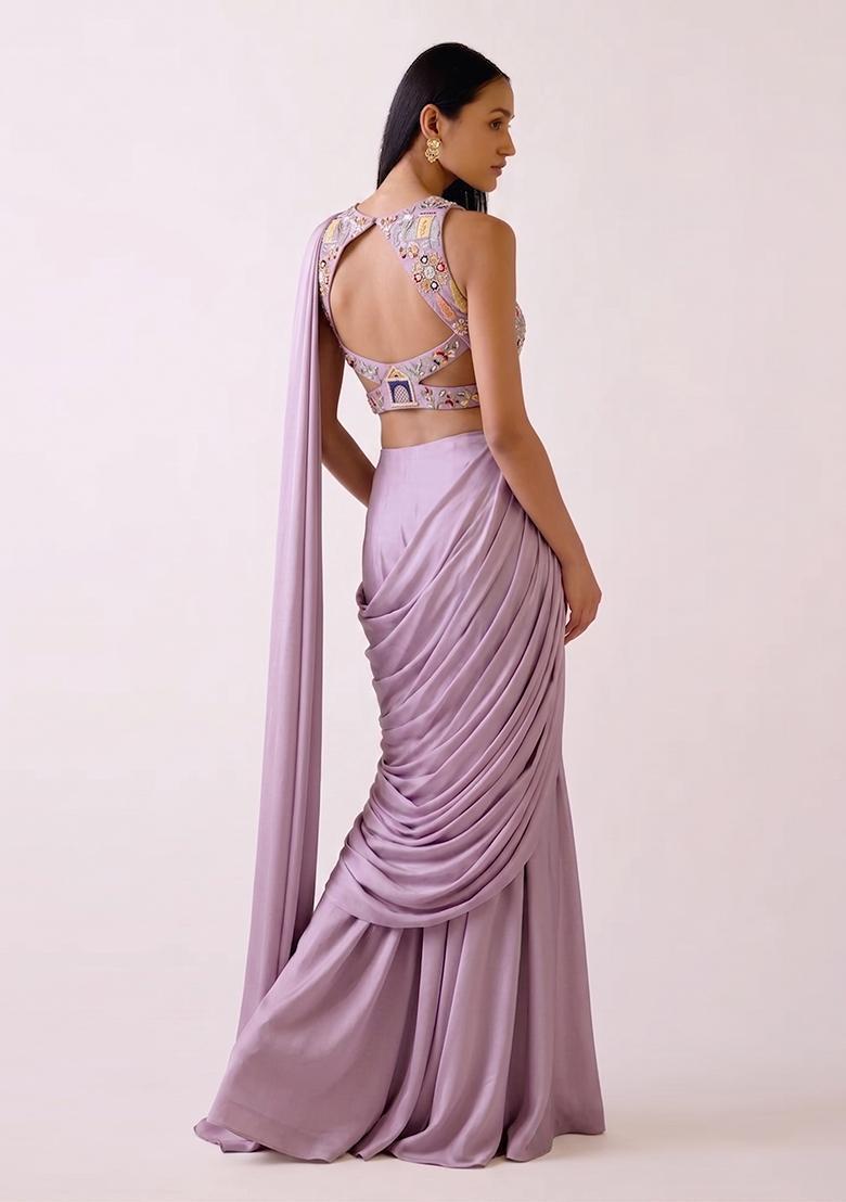 Lavender Purple Embroidered Tissue Pre Draped Saree Set - Indya