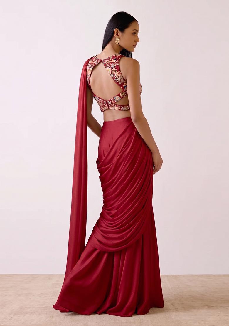 Crimson Red Embroidered Tissue Pre Draped Saree Set - Indya