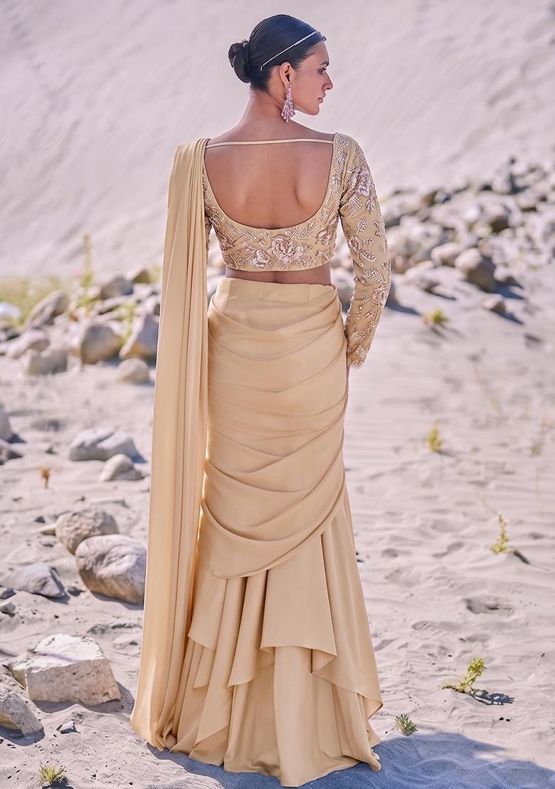Champagne Beige Embroidered Tissue Pre Draped Saree Set - Indya