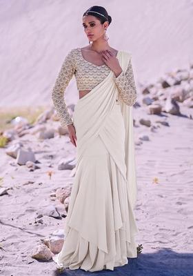 Off-White Sequin Net Pre Draped Saree Set