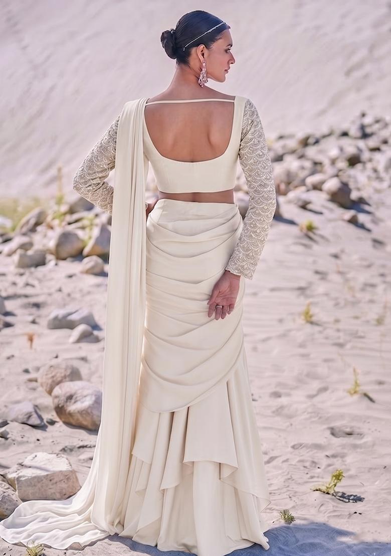 Off-White Sequin Net Pre Draped Saree Set - Indya