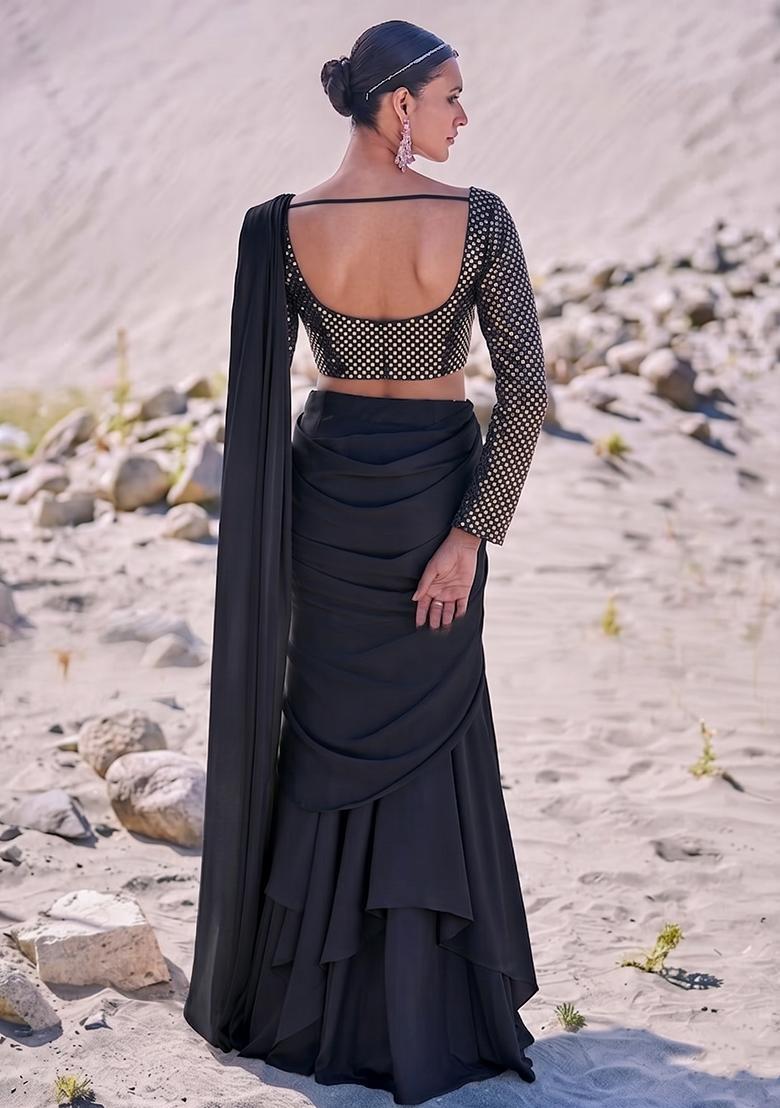 Black Embroidered Georgette Pre Draped Saree Set - Indya