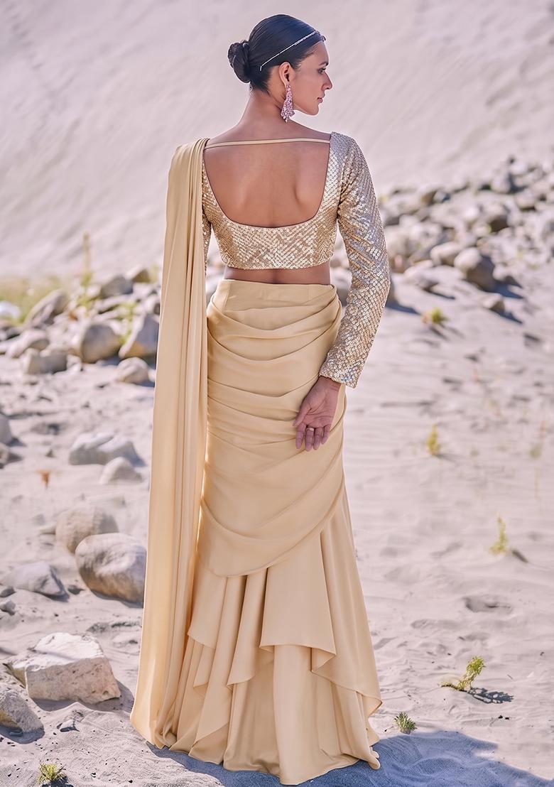 Peach Embroidered Georgette Pre Draped Saree Set - Indya