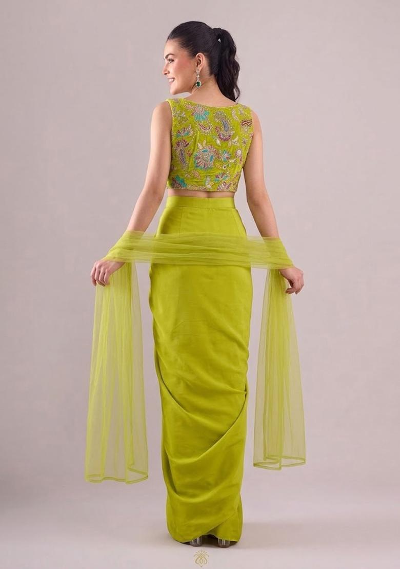 Green Printed Crepe Fusion Set - Indya