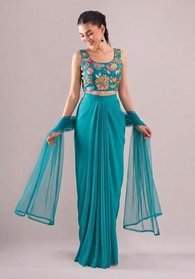 Blue Printed Crepe Fusion Set