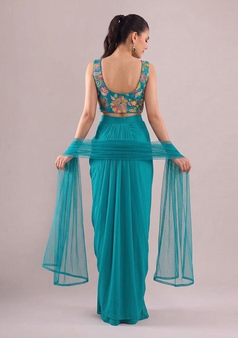 Blue Printed Crepe Fusion Set - Indya