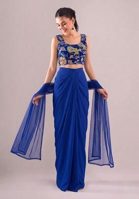 Blue Printed Crepe Fusion Set