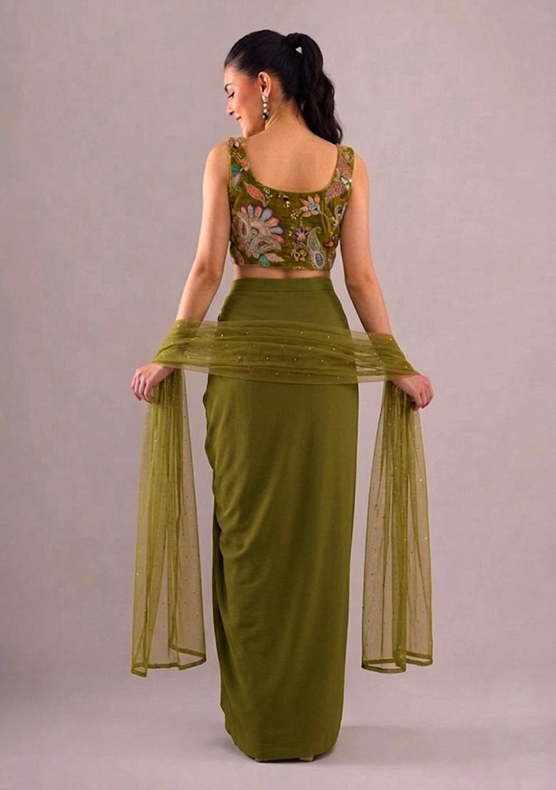 Green Printed Crepe Fusion Set - Indya