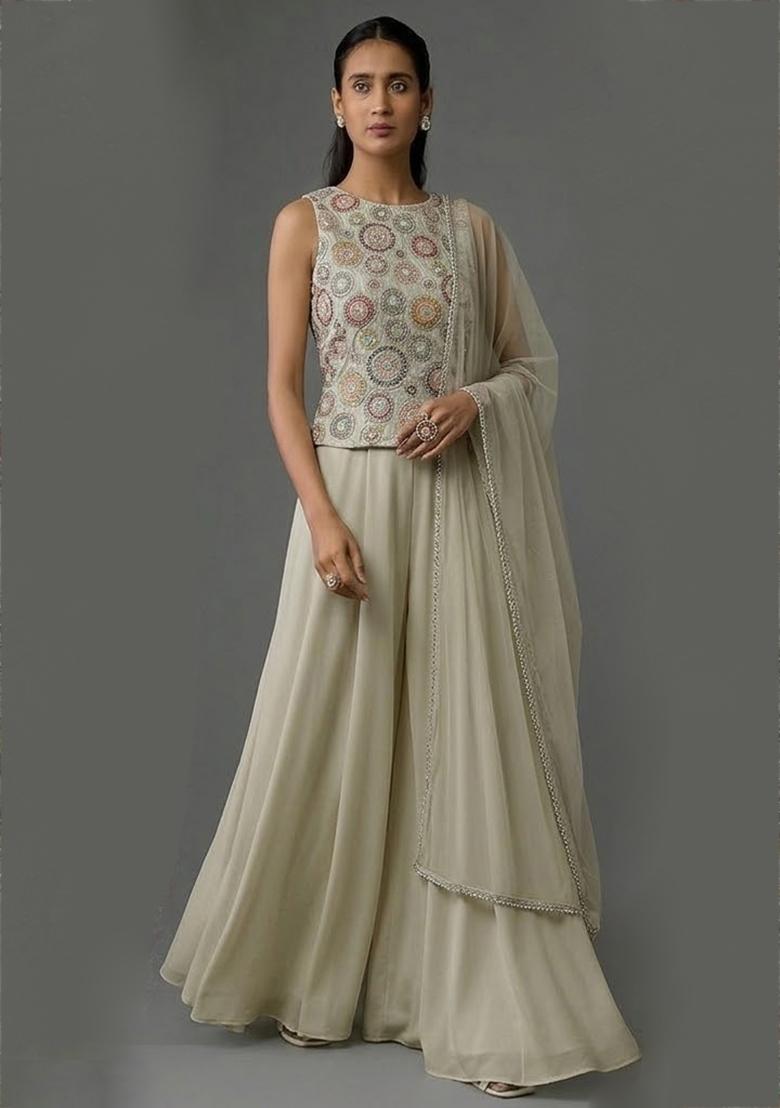 Sage Green Embroidered Tissue Fusion Set - Indya
