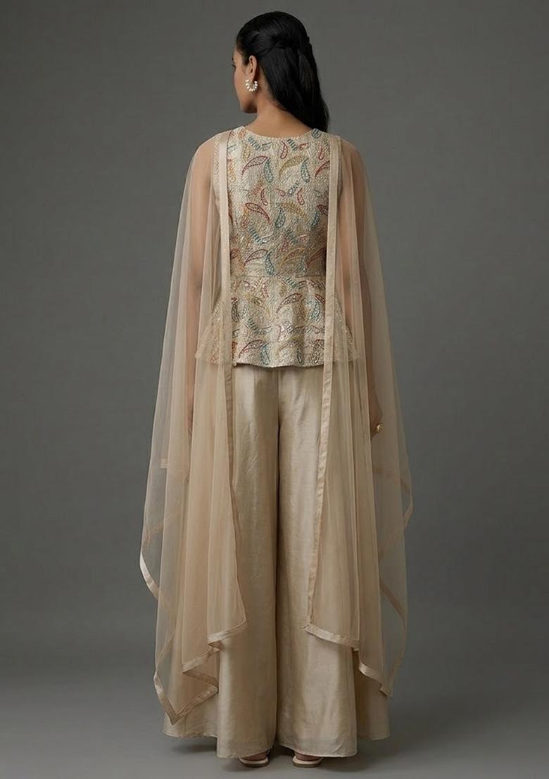 Champagne Gold Embroidered Tissue Fusion Set - Indya