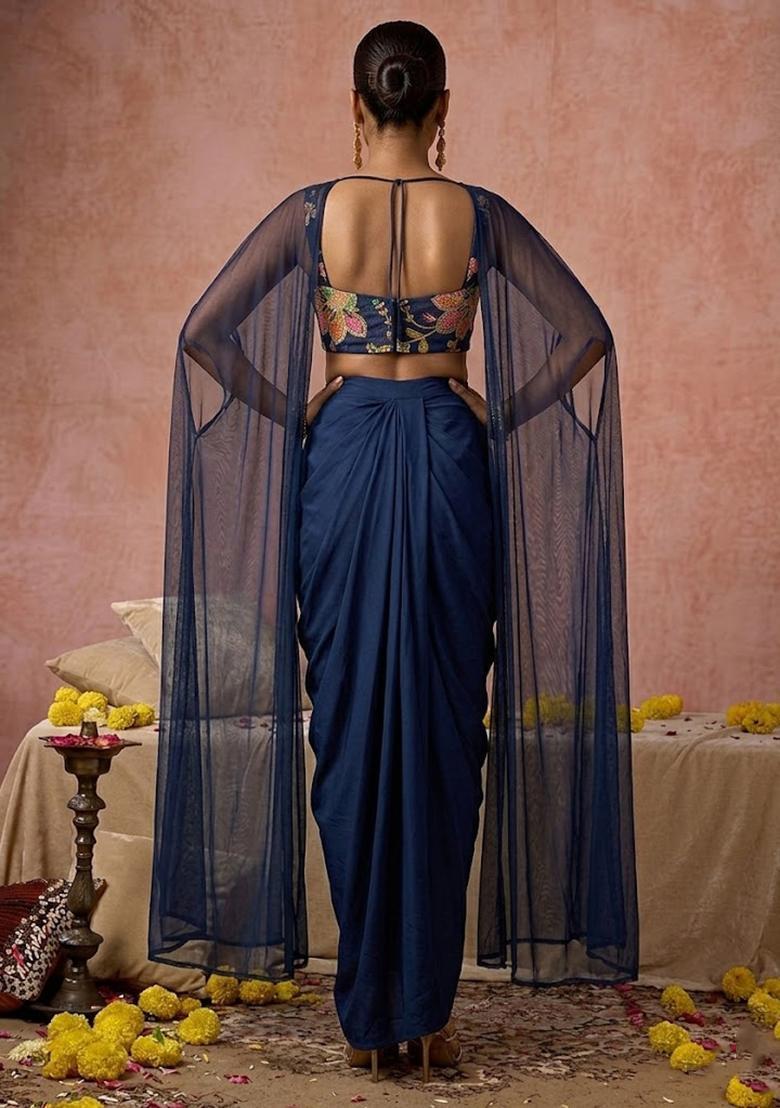 Navy Blue Printed Organza Fusion Set - Indya