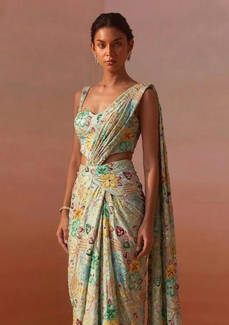 Pastel Blue Printed Crepe Pre Draped Saree Set - Indya