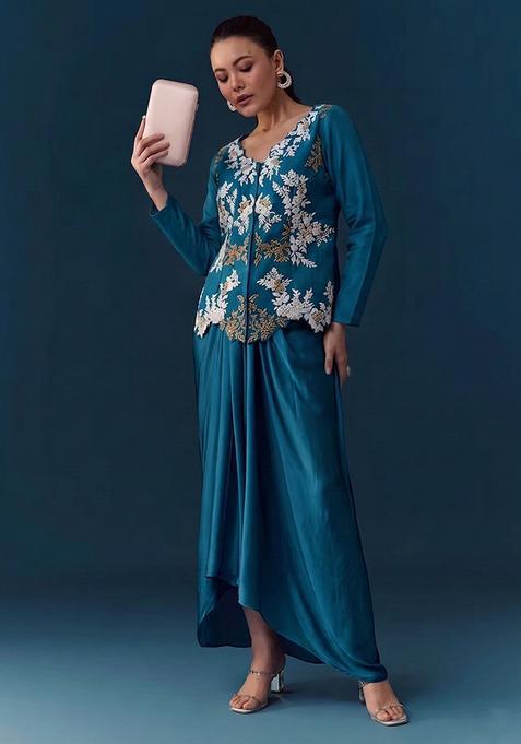 Blue Embroidered Handwork Fusion Set