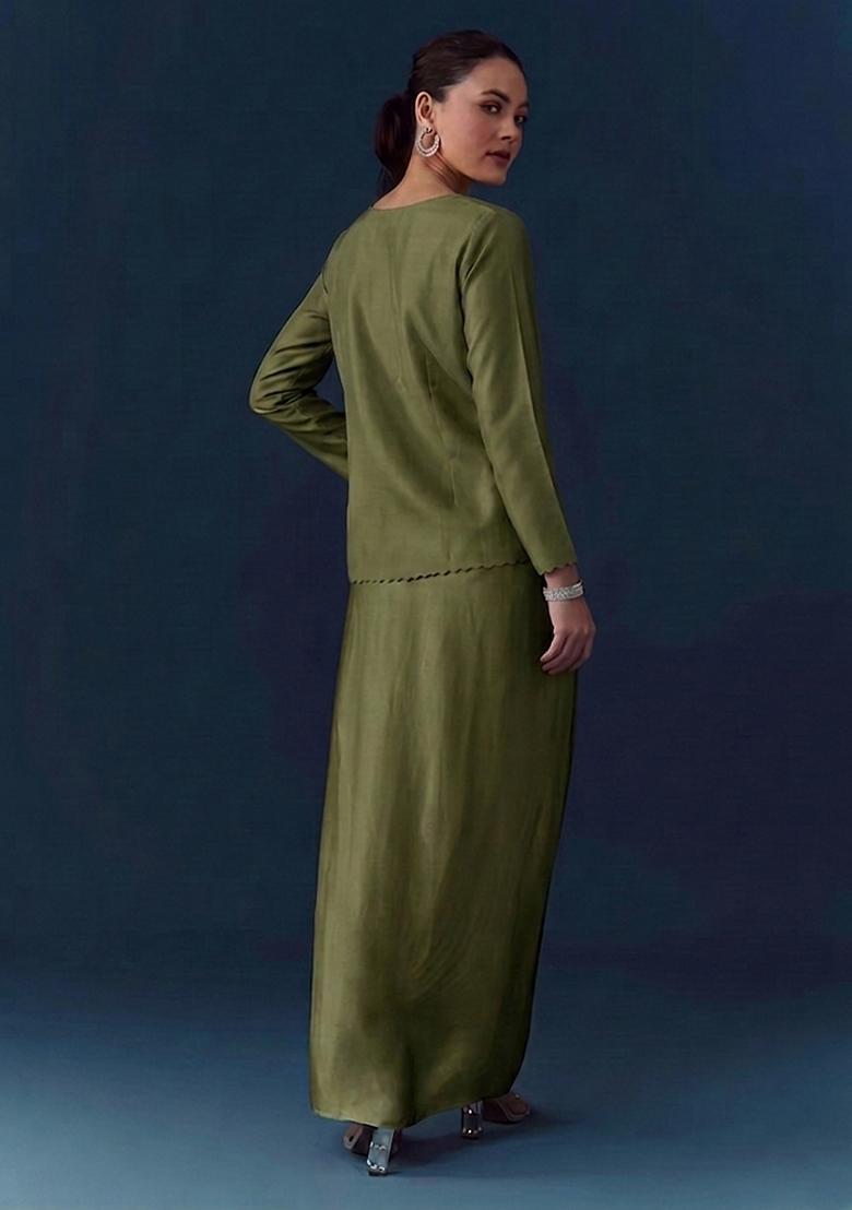 Moss Green Embroidered Handwork Fusion Set - Indya