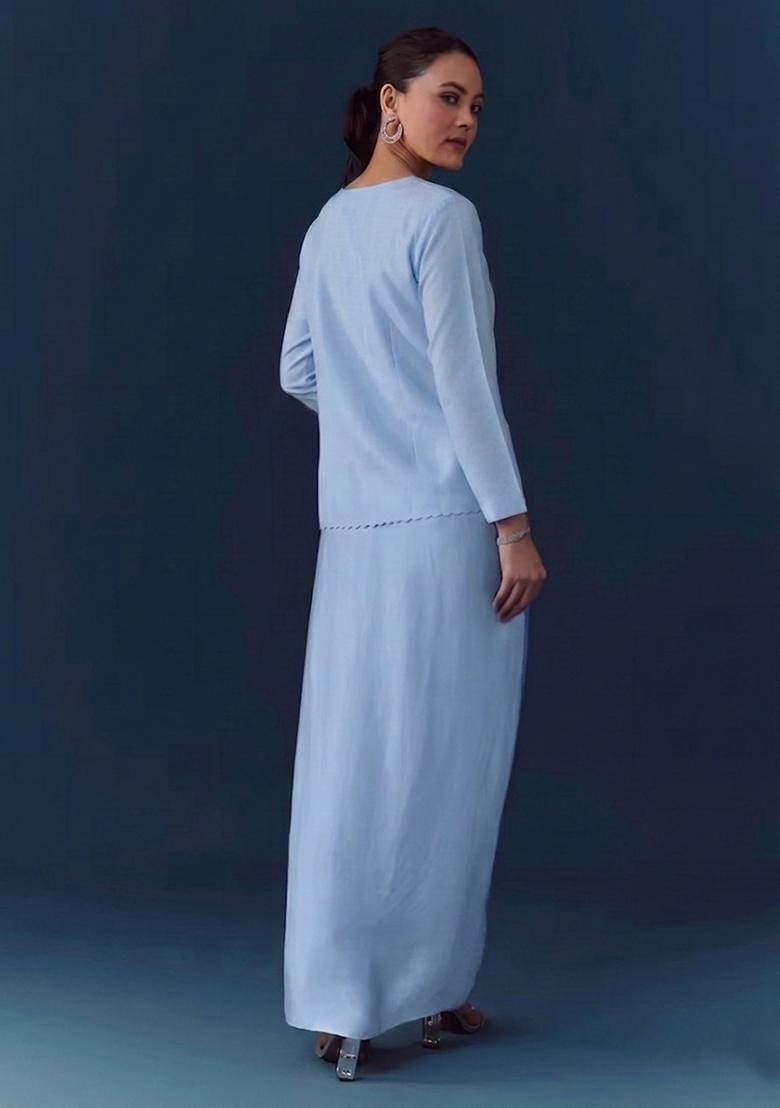 Powder Blue Embroidered Handwork Fusion Set - Indya