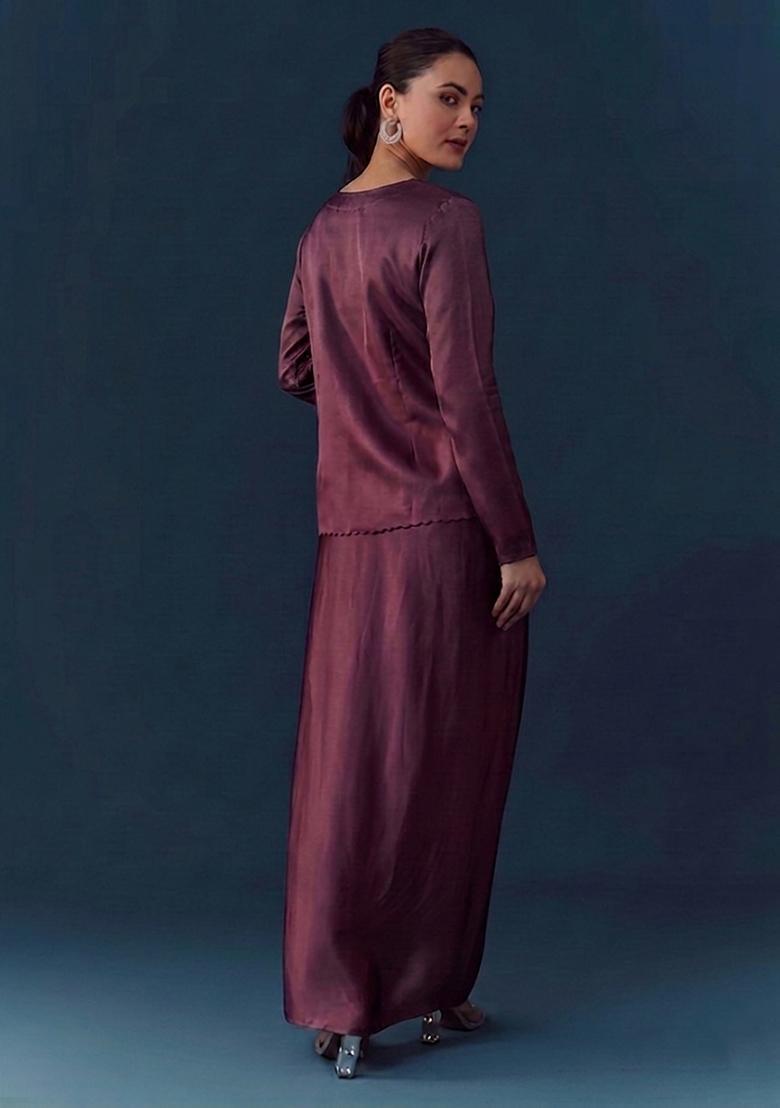 Wine Purple Embroidered Handwork Fusion Set - Indya