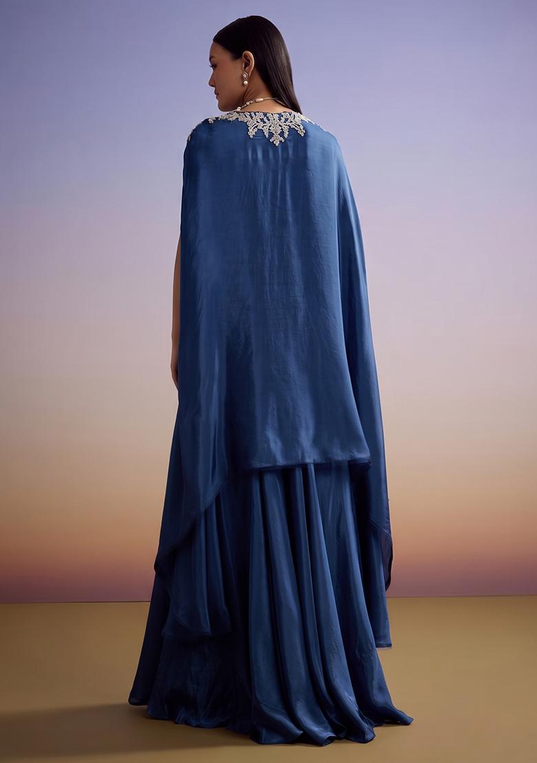Steel Blue Embroidered Handwork Fusion Set - Indya