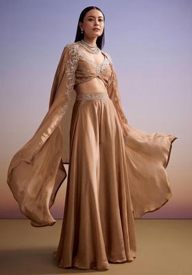 Dark Beige Embroidered Handwork Fusion Set