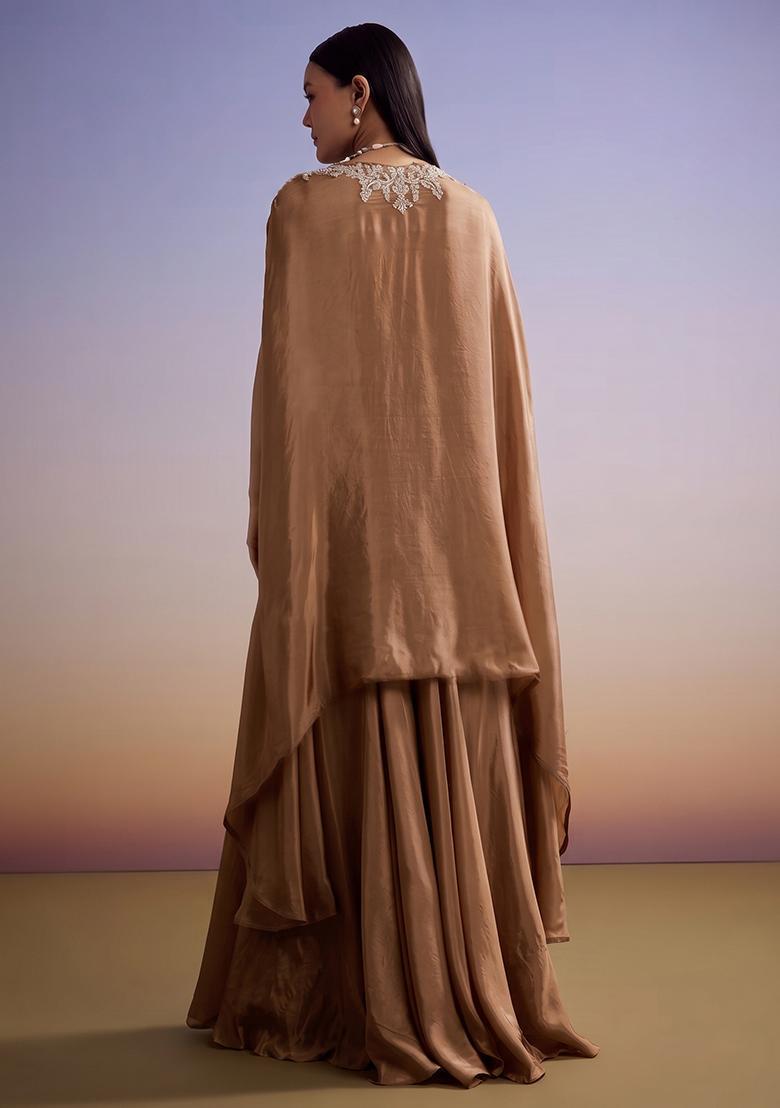 Dark Beige Embroidered Handwork Fusion Set - Indya