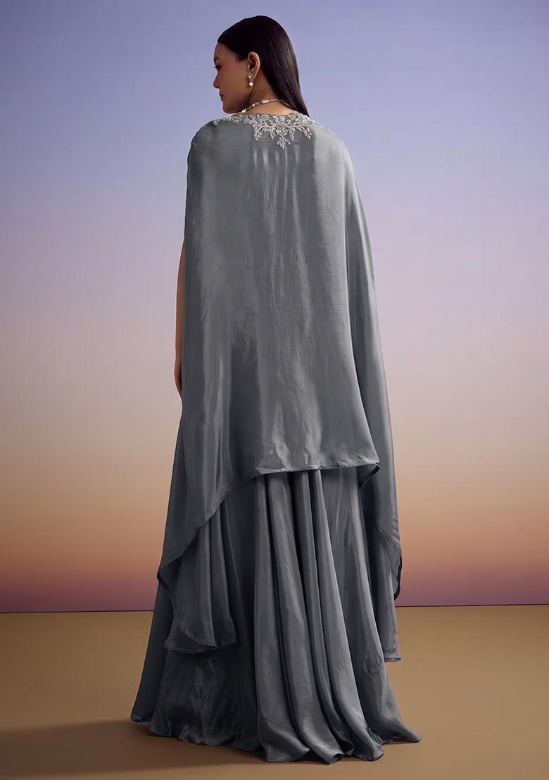 Slate Grey Embroidered Handwork Fusion Set - Indya