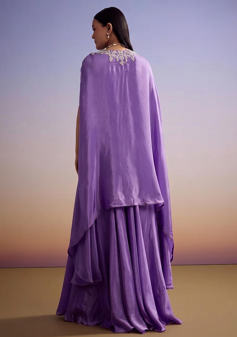 Lilac Purple Embroidered Handwork Fusion Set - Indya
