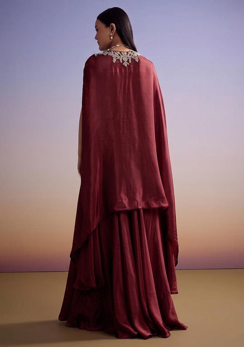 Burgundy Red Embroidered Handwork Fusion Set - Indya