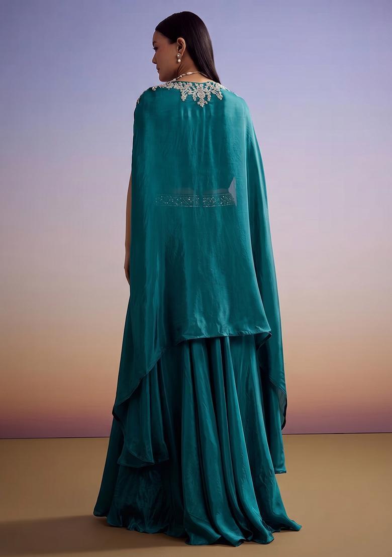 Green Embroidered Handwork Fusion Set - Indya
