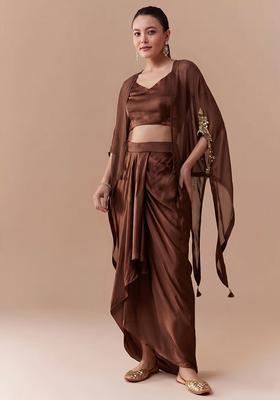 Mocha Brown Embroidered Handwork Fusion Set