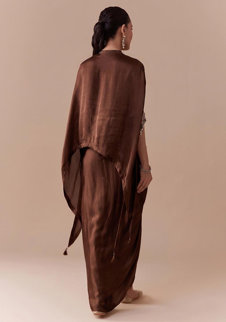 Mocha Brown Embroidered Handwork Fusion Set - Indya