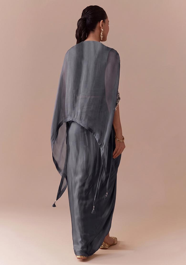Charcoal Grey Embroidered Handwork Fusion Set - Indya