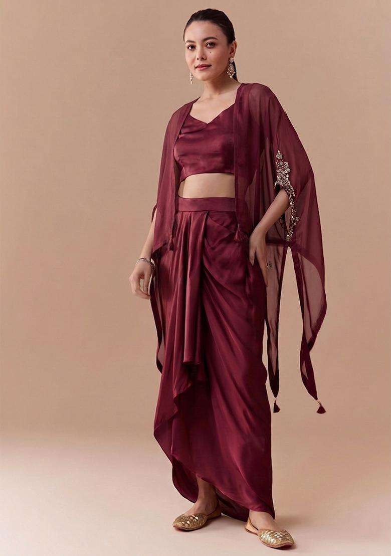 Wine Maroon Embroidered Handwork Fusion Set - Indya