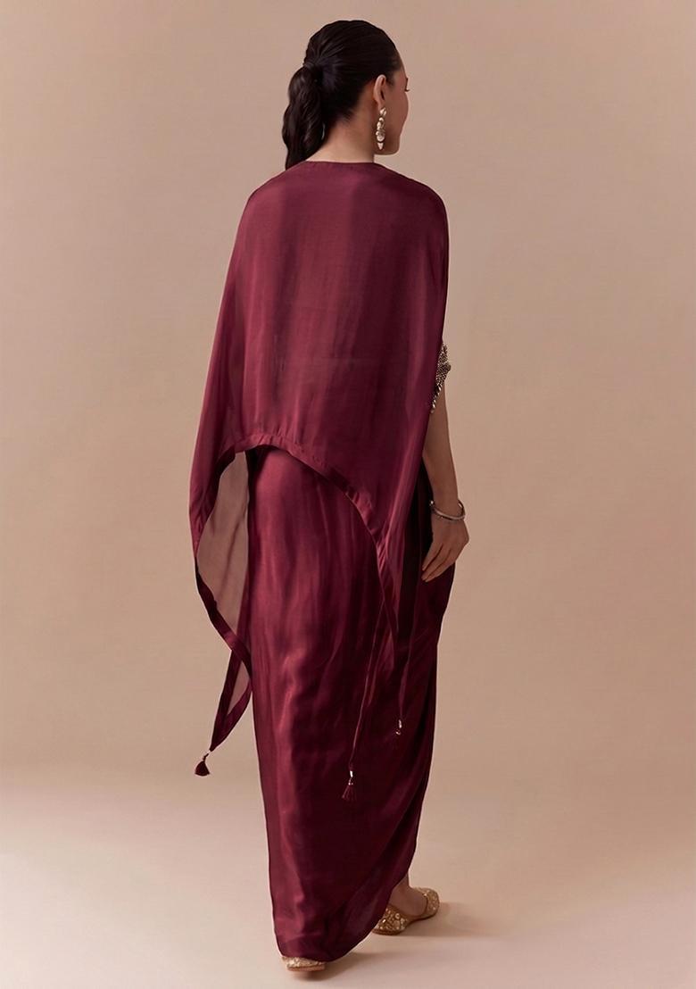 Wine Maroon Embroidered Handwork Fusion Set - Indya