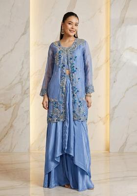 Periwinkle Blue Embroidered Handwork Fusion Set