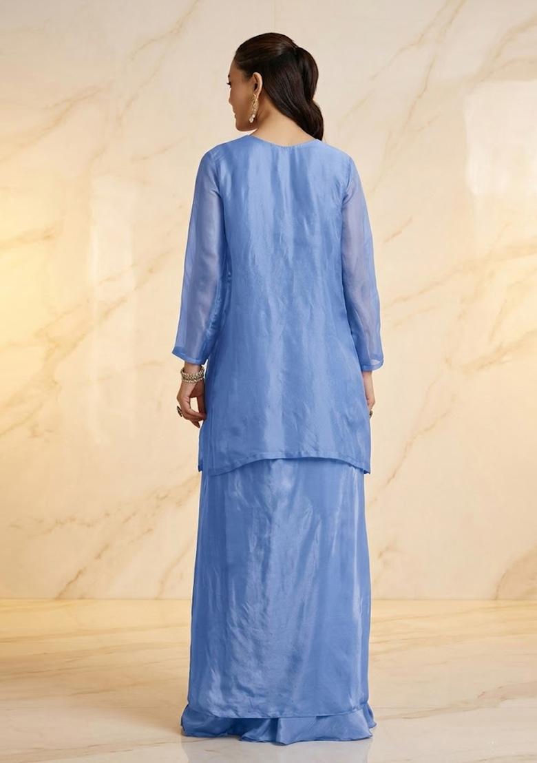 Periwinkle Blue Embroidered Handwork Fusion Set - Indya