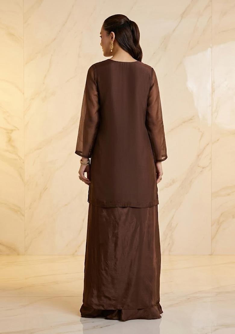 Taupe Brown Embroidered Handwork Fusion Set - Indya