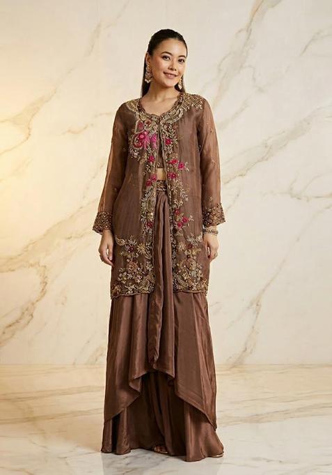 Taupe Brown Embroidered Handwork Fusion Set