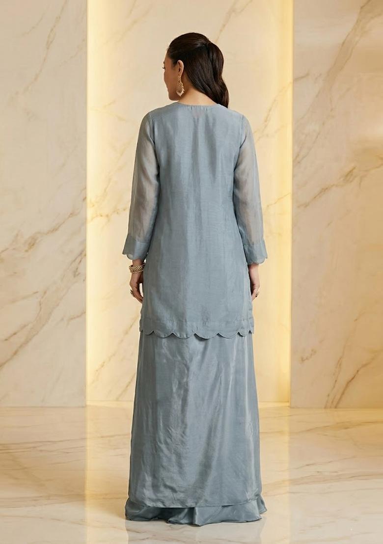 Steel Blue Grey Embroidered Handwork Fusion Set - Indya
