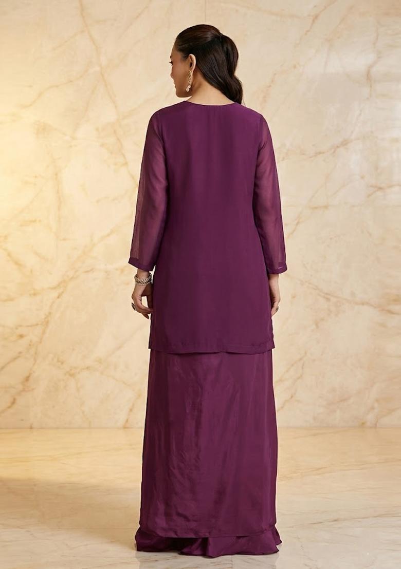 Plum Purple Embroidered Handwork Fusion Set - Indya