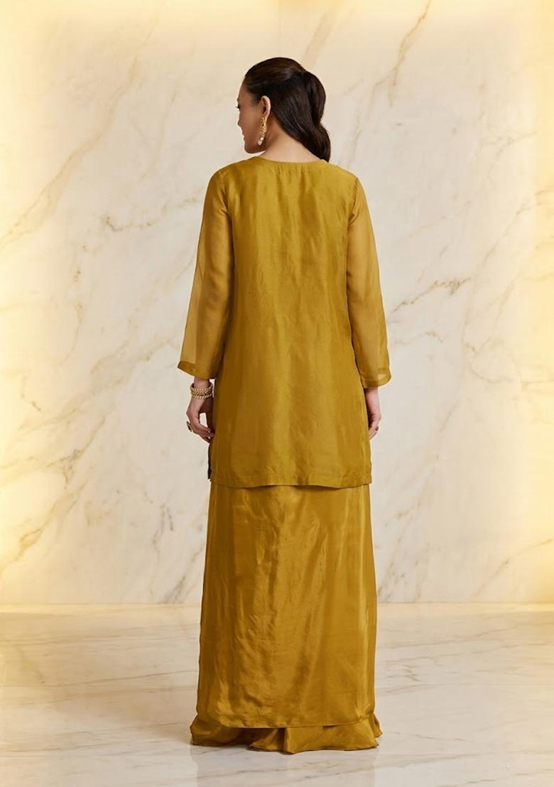Olive Yellow Embroidered Handwork Fusion Set - Indya
