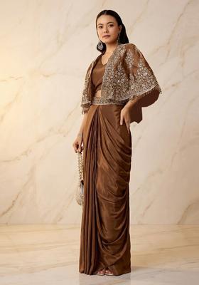 Copper Brown Embroidered Handwork Pre Draped Saree Set