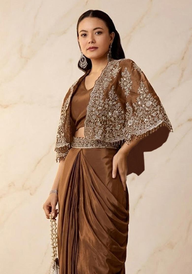 Copper Brown Embroidered Handwork Pre Draped Saree Set - Indya