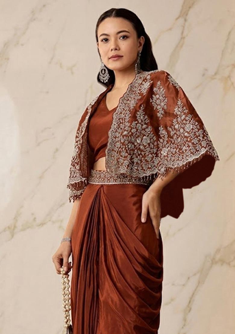 Burnt Orange Embroidered Handwork Pre Draped Saree Set - Indya