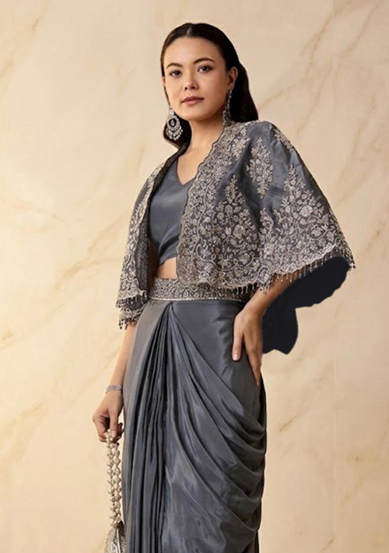 Gunmetal Grey Embroidered Handwork Pre Draped Saree Set - Indya