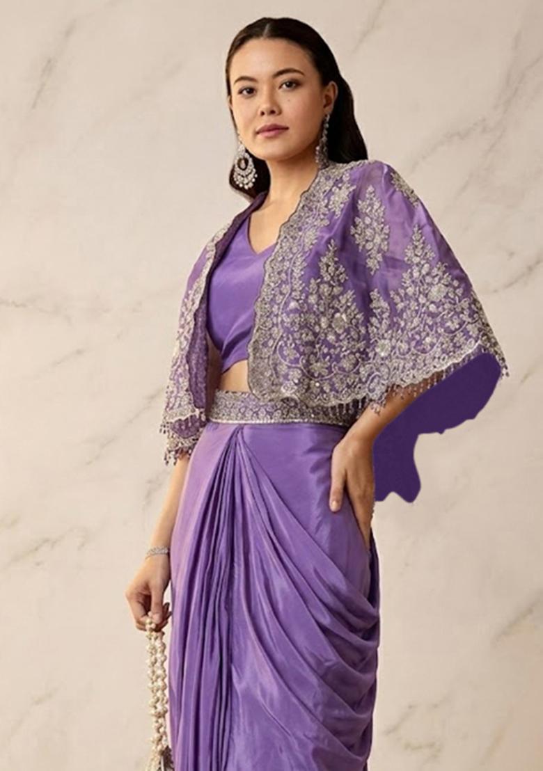 Violet Purple Embroidered Handwork Pre Draped Saree Set - Indya