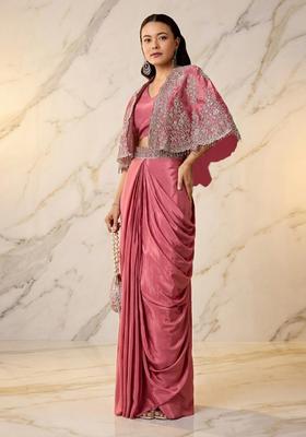 Rose Pink Embroidered Handwork Pre Draped Saree Set