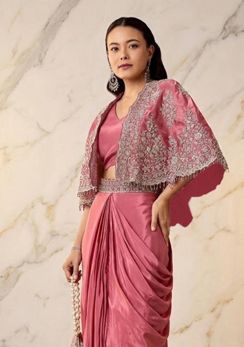 Rose Pink Embroidered Handwork Pre Draped Saree Set - Indya