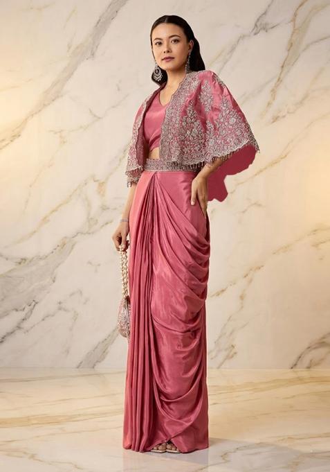 Rose Pink Embroidered Handwork Pre Draped Saree Set