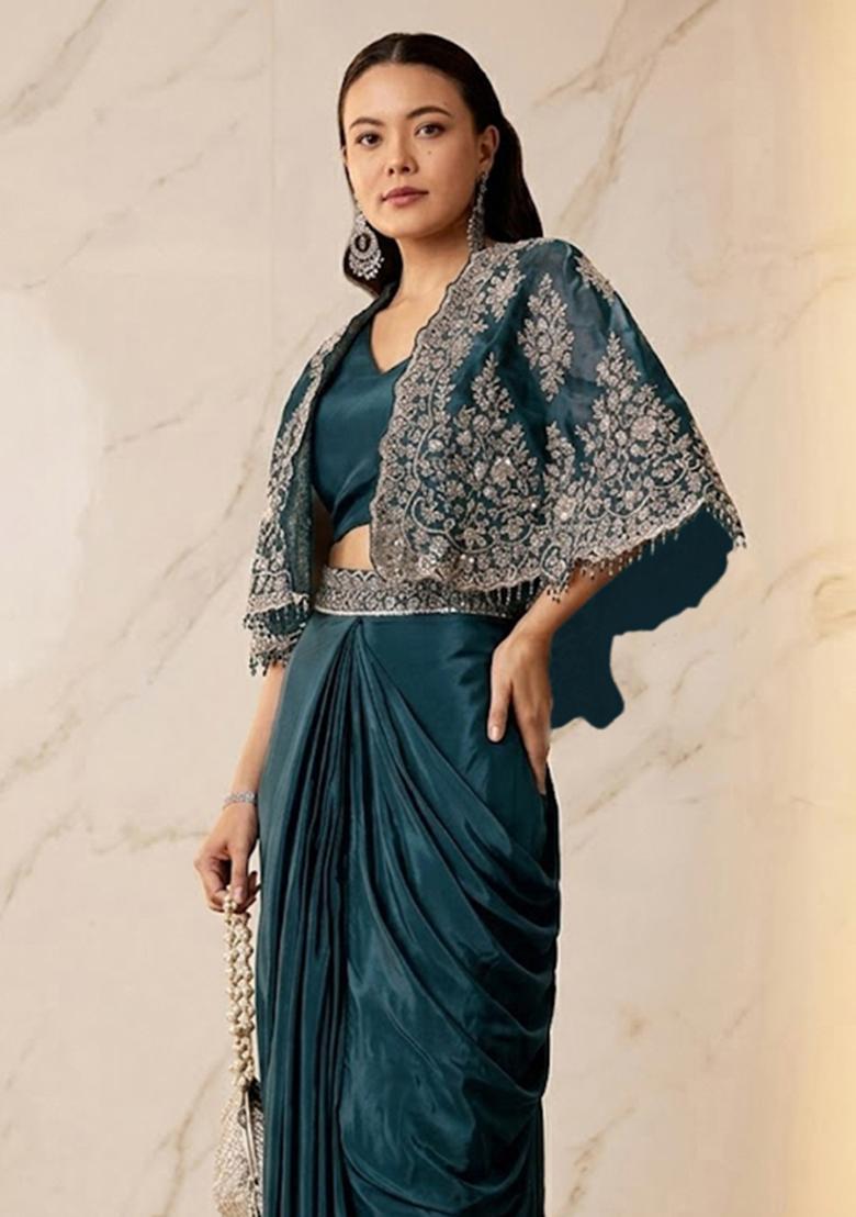 Deep Teal Embroidered Handwork Pre Draped Saree Set - Indya