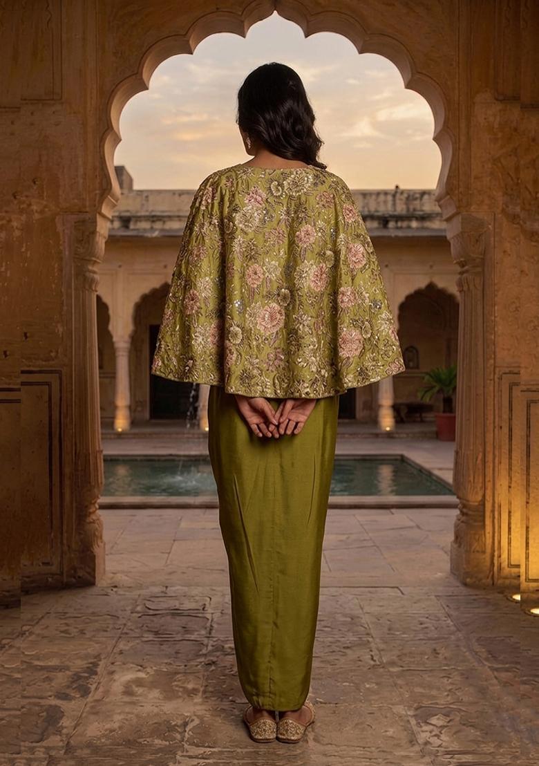 Olive Green Printed Chinon Fusion Set - Indya