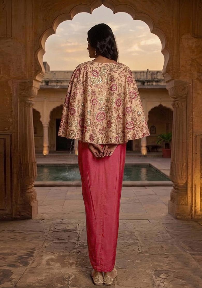 Dusty Pink Printed Chinon Fusion Set - Indya